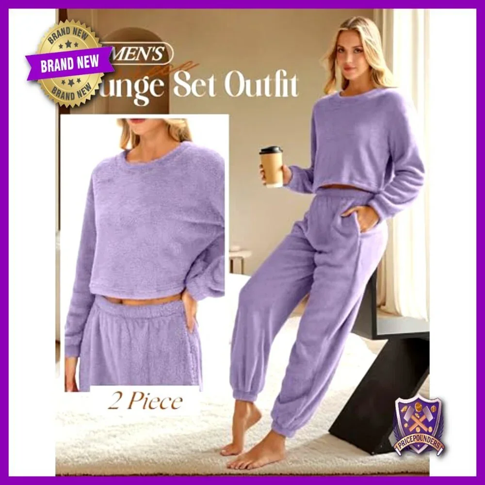 Women's Fuzzy Pajama Set Long Sleeve Crop Top Fleece Pullover Fluffy Pants